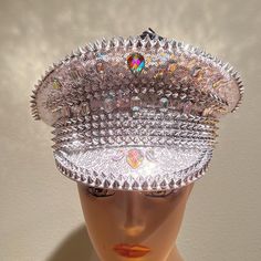 Akira Silver Sequins Rhinestones And Spikes Captain's Style Hat Size S/M Silver Sequin Material Fits Up To 22" Circumference New With Tags Glamorous Adjustable Hat With Rhinestones, Glamorous Adjustable Rhinestone Hat, Luxury Adjustable Hat, Silver Festival Hat With Rhinestones, Silver Party Hat With Bling, Festival Hat With Rhinestones And High Crown, Festival Hats With Rhinestones And High Crown, Fitted Rhinestone Hats For Festivals, Elegant Rhinestone Hats For Festival