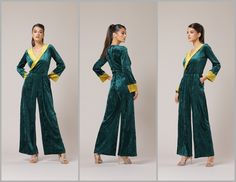 "❖ The jumpsuits listed in this Ready to Ship / On sale section are samples already made and with reduced prices. We kindly ask you to choose carefully as we won't be able to offer returns or exchanges for the items you bought from this section. Buying \"Ready to ship\", is a good solution, because you don't have to wait for the outfit to be sewn if you need it urgently. ----------------------------------- ❖ Material is quality, flexible and stretchy.  A style with serious \"wow\" factor- this w Green Wide Leg Jumpsuits For Party, Green Wide Leg Jumpsuits And Rompers For Party, Green Wide-leg Jumpsuits For Party, Green Overall Jumpsuits And Rompers For Party, Elegant Overall Dress For Party, Jumpsuit Bridesmaid, Jumpsuit Evening, Dark Green Velvet Dress, Bridesmaid Jumpsuit