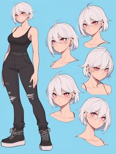 an anime character with white hair and black pants, all in different poses on a blue background