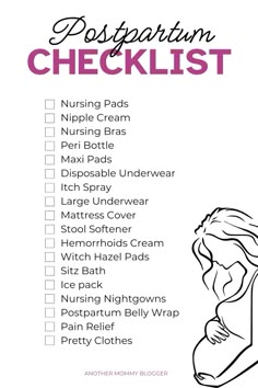 a list with the words postpartum checklist on it