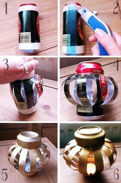 the instructions to make a paper lantern with tape and scissors are shown in four different pictures