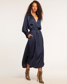 Cecilia Belted Midi Dress in navy | Ramy Brook Charmeuse Dress, Belted Midi Dress, Ramy Brook, British Indian, Trinidad And Tobago, Saddle, Size Guide, Bodice, Midi Dress