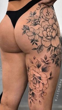 Floral Tattoo On Thigh, Whole Thigh Tattoo Women, Floral Side Piece Tattoo, Many Tattoos Woman, Hip Floral Tattoos Women, Back Of Leg Floral Tattoo, Flower Losing Petals Tattoo, Women’s Thigh Sleeve, Womans Hip Tattoo