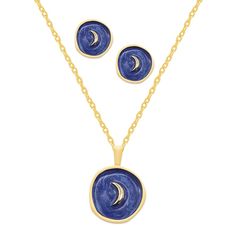 Tie together a stylish look with this unique Royal Aura pendant and stud earring set. Tie together a stylish look with this unique Royal Aura pendant and stud earring set. Chain length: 17 in. + 2-in. extender Nickel free Metal: brass Blue enamel details Packaging: boxed Size: 17". Color: Gold Tone Dark Blue. Gender: female. Age Group: adult. Blue Moon-shaped Metal Jewelry, Elegant Blue Jewelry With Moon Charm, Elegant Blue Moon-shaped Jewelry, Elegant Blue Earrings With Moon Charm, Blue Pendant Necklace With Matching Earrings, Blue Enamel Jewelry With Matching Earrings, Stud Earrings Set, Coin Pendant, Blue Gender