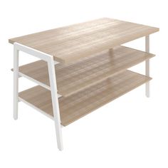 a wooden table with two shelves on each side and one shelf below it, in front of a white background