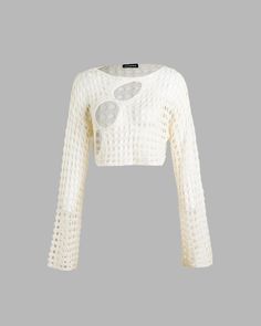 Model (WearingXS):• Height: 171cm | Bust: 83cm | Waist: 59cm | Hips: 89cmDetails: Long-sleeve crochet top with see-through design andround cut-outsTop Length: CroppedSleeve Length: Long SleevesMaterials:100% Acrylic Spring Cropped Crochet Top With Textured Knit, Cropped Textured Knit Crochet Top, Pointelle Knit Lace Top With Long Sleeves, Beige Long Sleeve Crochet Top With Open Knit, Beige Long Sleeve Open Knit Crochet Top, Spring Textured Knit Long Sleeve Crop Top, Hollow Out Knit Sweater For Spring, Spring Knit Hollow Out Sweater, Spring Hollow Out Knit Sweater