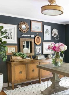 eclectic mix gallery wall in home office Black Paint Color, Gallery Wall Layout, Eclectic Gallery Wall, Gallery Wall Ideas, Paint Colors Benjamin Moore, Metal Tree Wall Art, Metal Tree