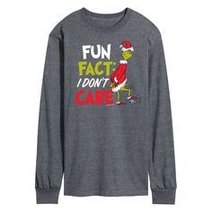 Keep the Grinch spirit alive with this funny Dr. Seuss Grinch Fun Fact long sleeve graphic tee. Keep the Grinch spirit alive with this funny Dr. Seuss Grinch Fun Fact long sleeve graphic tee. Crewneck Long sleevesFABRIC & CARE Cotton, polyester Machine wash Imported Color: Dark Grey. Gender: male. Age Group: adult. Novelty Long Sleeve T-shirt With Graphic Print, Casual Long Sleeve T-shirt With Funny Text, Graphic Tee With Character Print And Long Sleeves, Christmas Long Sleeve Tops With Character Print, Winter Graphic Long Sleeve T-shirt, Winter Graphic Tee With Long Sleeves, Winter Long Sleeve Graphic Tee, Funny Long Sleeve T-shirt With Text, Relaxed Fit Long Sleeve T-shirt With Character Print