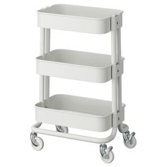 a white cart with two shelves on wheels