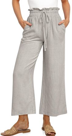 PRICES MAY VARY. Casual Linen Pants - US SIZE: S=US(4-6), M=US(8-10), L=US(12-14), XL=US(16-18), XXL=US(20-22), our palazzo pants feature a drawstring, elastic high waist, and relaxed style to flatter all body types. Occasion - This wide leg capri trousers suit for vacation, beach, travel, work, outdoor activity, home and lounge wear. They are so light weight,flowy,comy and stylish looking for any occasion. Featurs - Linen material, slouchy style, elastic draswtring hig wasited, 2 Side deep pock Spring Wide-leg Linen Capris, Cropped Trousers Outfit, Summer Wide-leg Linen Capris, Womens Flowy Pants, Womens Linen Pants, Beach Linen Wide-leg Bottoms, Wide-leg Linen Capris With Pockets, Linen Wide-leg Pull-on Bottoms, Women Pants Size Chart