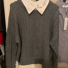 I Love This, But It Was Just Too Big. Gray Sweater Shirt. Super Cute. Sweaters With Collars, Sweater With Collared Shirt Women, Trendy Cotton Cable Knit Tops, Trendy Cable Knit Cotton Tops, Casual Cable Knit Tops For Work, Collared Shirt And Sweater Outfit, Shirt And Sweater Outfit, Dress Shirt And Sweater, Sweater With Collared Shirt