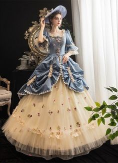 Rococo Baroque Marie Antoinette Ball Gown Dresses 18th Century Period Victorian Dress For Women Vintage Baroque Gown For Costume Party, Victorian Baroque Dresses For Theater, Blue Baroque Vintage Dress, Blue Vintage Baroque Dress, Vintage Blue Baroque Dress, Rococo Style Ball Gown For Theater, Rococo Ball Gown For Theater, Elegant Baroque Dresses For Theater, Baroque Ruffled Dress For Theater