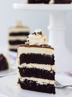 a slice of chocolate cake with white frosting on a plate