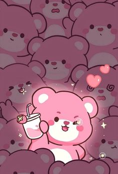 a pink teddy bear with a drink in its hand surrounded by many hearts and stars