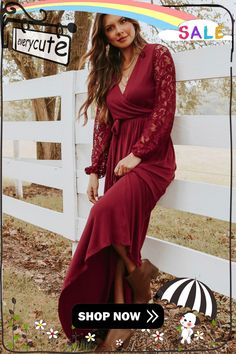 Red Lace Sleeve Faux Wrap Belted Maxi Dress Solid Color Maxi Dress For Fall Date Night, Flowy Fall Maxi Dress For Date Night, Flowy Maxi Dress For Fall Date Night, Fall Brunch Fitted Maxi Dress, Flowy Midi Dress For Fall Night Out, Flowy Midi Dress For Night Out In Fall, Red Maxi Dress For Fall Night Out, Solid Maxi Dress For Fall Brunch, Solid Color Maxi Dress For Fall Brunch