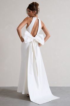 Bestow | White Open-Back Maxi Dress With Oversized White Bow Midi Bridesmaid Dress, White Prom, Club L London, Open Back Maxi Dress, Wedding Court, Black Dress Prom, Fishtail Skirt, White Maxi Dress, Black Tie Gala