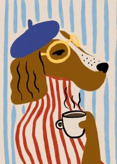 a painting of a dog wearing sunglasses and holding a coffee cup