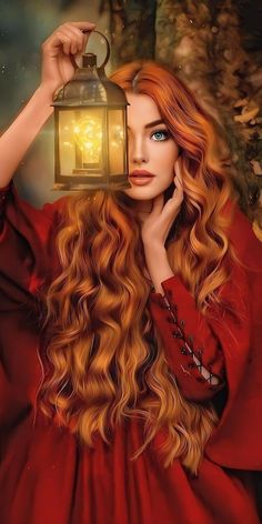 a woman with long red hair holding a lantern in her hand and looking at the camera