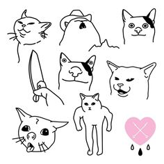 a bunch of cats that are drawn in black and white on a white background with a pink heart