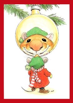 a mouse wearing a green hat and scarf under a christmas ornament with pine branches