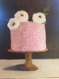 a painting of a pink cake with white flowers on top