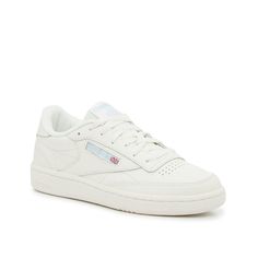 Reebok-Club C 85 Sneaker - Women's You'll feel all the street style vibes when wearing the Club C 85 sneaker from Reebok. This women's low-top features a leather finish for a perfect athleisure look. Easy to pair with anything from jeans to t-shirt dresses! Cheap White Adidas Sneakers, Reebok Classic White Sneaker, Cheap White Sneakers, White Rebook Sneakers, White Everyday Shoes, Simple White Shoes, Cute White Sneakers For Women, Clean Girl Sneakers, Reebok Shoes Aesthetic