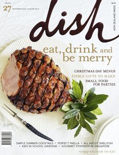 the cover of dish magazine features a piece of meat on a plate with knife and fork