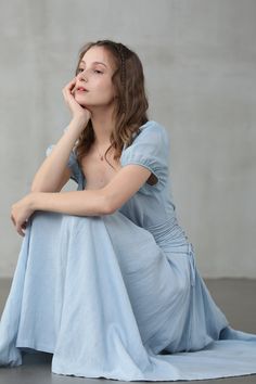 "Linennaive's versatile pieces work for a variety of occasions in effortless shapes and timeless designs. This seafoam-blue girdle dress is cut from a linen and silk-blend and has ruffled neckline and puff sleeve silk sleeves to enhance the breezy, easy-going silhouette. Whether you're going for a casual or classic look, this blue linen midi dress from Linennaive will match perfectly in either way. No doubt. 【Fabric】 Main100% linen, natural pure linen. Medium weight. It is washed with special te Spring Ruched Tea-length Dress, Spring Tea-length Ruched Dress, Spring Tea Length Ruched Dress, Chic Ruched Linen Dress, Casual Short Sleeve Maxi Dress With Gathered Sleeves, Fitted Linen Ruched Dress, Casual Maxi Dress With Fitted Bodice And Short Sleeves, Brunch Maxi Dress With Fitted Bodice A-line, A-line Maxi Dress With Fitted Bodice For Brunch