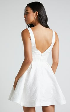 Stephane Mini Dress - Corset Scoop Neck Fit and Flare Dress in Ivory | Showpo USA Fit And Flare White Dress, White Dress With Sweetheart Neckline And Lace-up Back, White A-line Corset Dress For Prom, Elegant A-line Mini Dress With Lace-up Back, Elegant Mini Dress With Heart-shaped Neckline For Prom, Elegant A-line Wedding Dress For Debutante Ball, Fitted A-line Corset Dress For Debutante Ball, Fit And Flare A-line Mini Dress For Wedding, White A-line Corset Dress For Formal Occasions