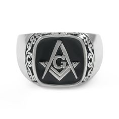 Please select your ring size in the drop down bar Available sizes: 7 8 9 10 11 12 13 14 Sterling silver Square Faced Masonic ring with Square and Compass surrounded by black enamel and beautiful filigree design on the border. Designed exclusively by our company for the members of Freemasonry. * Materials: 925 Sterling Silver - Rhodium Finishing - Black Enamel * Product includes lifetime warranty: We pride ourselves in our high quality products and stand by our craftsmanship. If for any reason yo Freemason Ring, Lion Earrings, Compass Design, Men Rings, Triangle Ring, Masonic Ring, On The Border, Head Ring, Square Faces