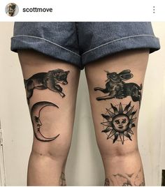 the legs of a woman with tattoos on them are covered in sun and moon designs