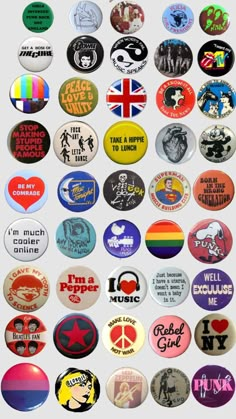 many different types of buttons are shown in this graphic style, including one with the words i love you