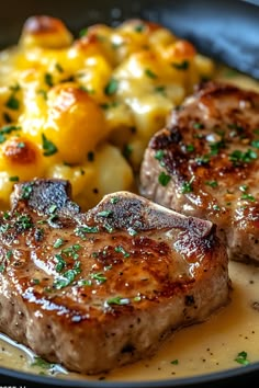 Garlic Butter Pork Chops with Cheesy Potato Bake - Taste Of Recipe Pork Chops With Potatoes And Onions, Garlic Butter Pork Chops With Cheesy Potatoes, Garlic Butter Pork Chops With Cheesy Potato Bake, What To Serve With Pork Chops, Creamy Pork Chop Recipes, Pork Chop And Potatoes, Pork Chops And Onions, Garlic Butter Pork Chops, Pork Steak Recipes