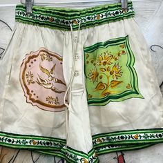 Almais Hotel Paradiso Porcelain Graphic Silk Shorts Size 8 Usa 4 , 100% Silk White Silk Summer Bottoms, White Silk Bottoms For Summer, White Silk Bottoms For Spring, Summer Silk Bottoms For Daywear, Silk Bottoms For Summer Daywear, Casual Silk Bottoms For Summer, Green Silk Bottoms For Summer, Summer Silk Bottoms With Elastic Waistband, Summer Silk Cream Bottoms