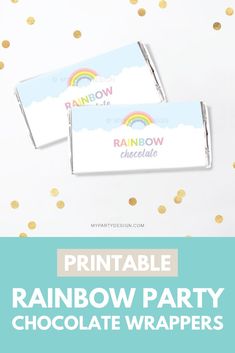 printable rainbow party chocolate wrappers with gold confetti