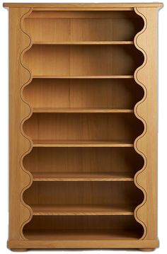 an empty wooden bookcase with wavy design on the front and bottom shelves, isolated against a white background