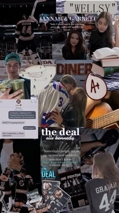 collage of images with people and sports related items in the background, including an advertiser's t - shirt