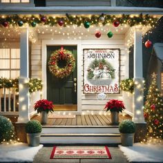 christmas decorations on the front porch of a house with lights and wreaths around it