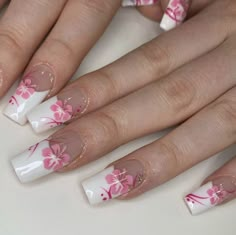 Floral Acrylic Nails Coffin, Spanish Tips Nails, Vaycay Nails, Early 2000s Nail Designs, 2000s Acrylic Nails, 2000s Nail Designs, 90s French Tip Nails, Early 2000 Nails