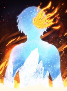 the silhouette of a man in front of fire and ice with his head turned to the side