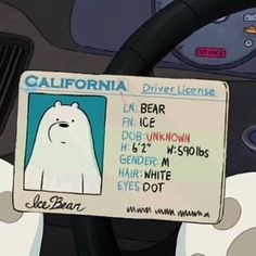 a sign on the dashboard of a car that says, california driver license for polar bear