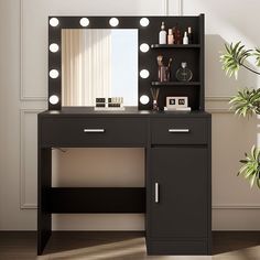 a black vanity with lights on it in front of a mirror and potted plant