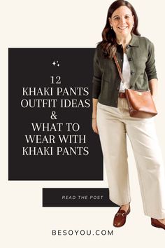 Do khaki pants feel tricky to style? Discover effortless styling tips and colors to wear with them, and see 12 outfit ideas for inspiration. Khaki Pants Winter Outfit, Khaki Pants For Fall, Plus Size Khaki Pants Outfit, Khaki Pants Outfit Ideas, How To Style Khaki Pants, What To Wear With Khaki Pants, Khaki Pants For Women, Burgundy Pants Outfit, Wide Leg Pant Outfit