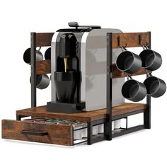 a coffee machine with pots and pans hanging from it's rack on a white background