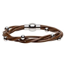 Ready-to-wear leather bracelet features five wrapped strands, stainless steel beads and secures with a magnetic clasp. Colors, shapes and sizes may vary in each lot. Standard magnetic strength. Testing for colorfastness is recommended. Leather Dye, Magnetic Clasp, Everyday Jewelry, Leather Bracelet, Magnets, Ready To Wear, Twist, Dye, Bracelet