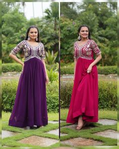 Designer wedding gown dress for women, faux blooming Anarkali gown with embroidery sequin work,wedding gown for function,Indian festive gown GOWN   :-  Color : 1)  Purple 2) Pink   FABRIC & WORK:- Faux Blooming with Embroidery Zari Sequins-work  SIZE:- M(38''), L(40''), XL(42''), XXL(44'')  LENGTH:- 55INCH  FLAIR: - 3.5 MTR  LINING:- Cotton (Full Inner Top To Bottom)  SLEEVE:- Half Sleeves  NECK TYPE:- Fancy Scoop  WEIGHT:- 0.550KG Washing Care : Dry Clean only Made for : Women For More Collecti Evening Gown With Dabka Work Maxi Length, Evening Gown With Dabka Work In Maxi Length, Designer Wear Long Dress For Eid, Semi-stitched Gown For Evening Festivals, Evening Gown With Zari Work For Festivals, Evening Anarkali Set For Festivals, Georgette Anarkali Set For Evening Festivals, Evening Anarkali Set For Festivals In Georgette, Semi-stitched Evening Gown For Festivals