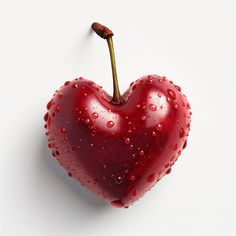 a red heart shaped object with water droplets on it's surface, against a white background