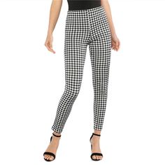 FREE SHIPPING Black and White Gingham Pants JKP1248 Chic Stretch Plaid Bottoms, Casual Gingham Ankle-length Pants, Casual Gingham Trousers, Casual High-waisted Houndstooth Pants, Casual Houndstooth Ankle-length Pants, Casual Black Houndstooth Pants, Casual Black Pants With Houndstooth Pattern, Gingham Ankle-length Spring Pants, Spring Gingham Ankle-length Pants