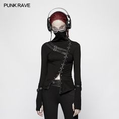 Punk Women Turtleneck Metal Long Sleeve T-shirt– Punkravestore Futuristic Post Apocalyptic, Stitching Tops, Cybergoth Fashion, Beauty Of Darkness, V Outfits, Face Mask Beauty, Spooky Fashion, Rave Style, Punk Women