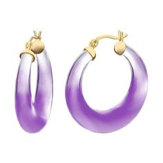 14k yellow gold over sterling silver painted graduated hoops in purple. These hoops are a great for all ages. The tapered design makes it an interesting earring to show off. These acrylic hoops feature 14k gold over sterling silver and hand painted ombre enamel that makes a diverse gift for any occasion. Adjustable Purple Round Hoop Earrings, Adjustable Purple Hoop Earrings, Trendy Small Hoop Purple Jewelry, Trendy Purple Small Hoop Jewelry, Trendy Purple Hoop Jewelry, Hypoallergenic Purple Hoop Earrings, Purple Hoop Jewelry, Silver Paint, Eco Friendly Fashion